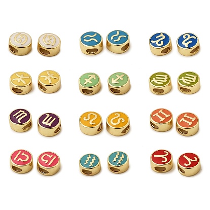 Латунные бусины, с эмалью, плоские круглые с созвездием, реальный 18 k позолоченный