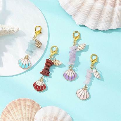 Подвеска в форме ракушки из сплава эмали, натурального аквамарина, красной яшмы, розового кварца и аметистовых крошек, со спиральной ракушкой и застежками-карабинами из цинкового сплава