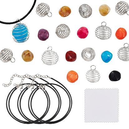 DIY Necklace Making Kits, Including 3Pcs Waxed Cord Necklace Making, 10Pcs Round Iron Wire Pendants, 10Pcs Imitation Gemstone Acrylic Beads, Silver Polishing Cloth
