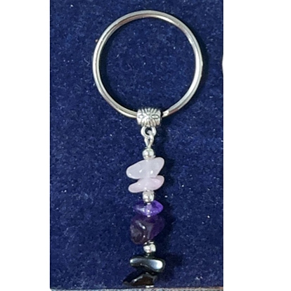 Porte-clés en pépites de quartz rose naturel, d'obsidienne et d'améthyste, avec anneaux porte-clés fendus en fer