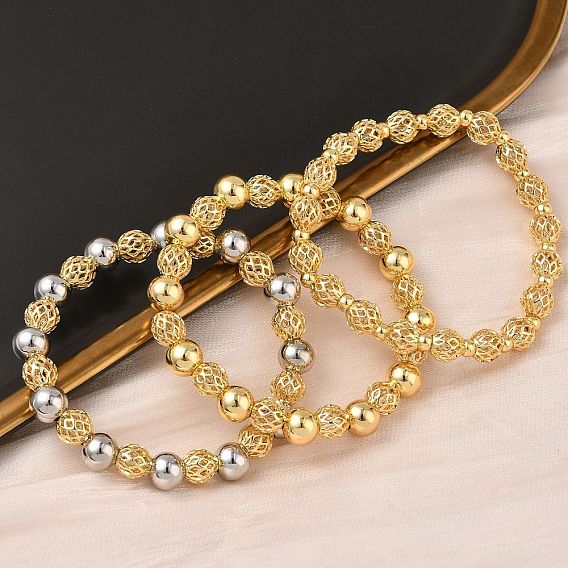 Латунные круглые бусины эластичные браслеты для женщин, стойки покрытие, долговечный, без свинца и без кадмия