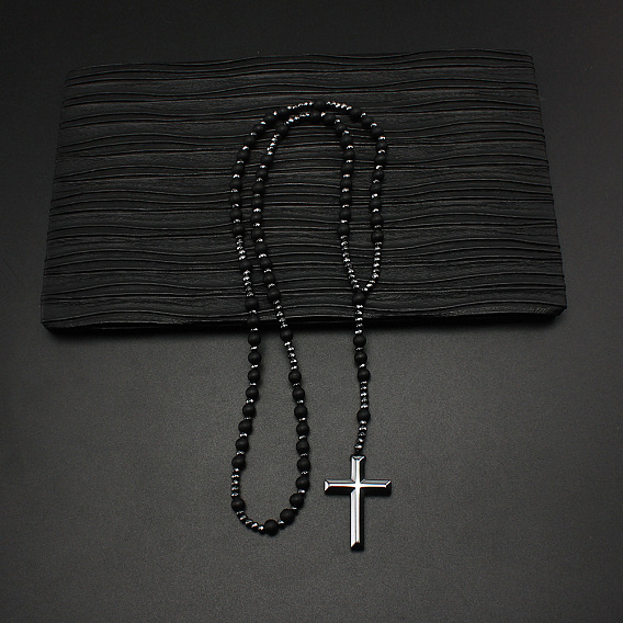 Ожерелья с подвесками из черного лабрадорита и черного гематита, крестик