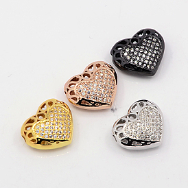 Brass Micro Pave Cubic Zirconia Beads, Hollow Heart Beads, Lead Free & Nickel Free & Cadmium Free, 13x15x6mm, Hole: 1mm