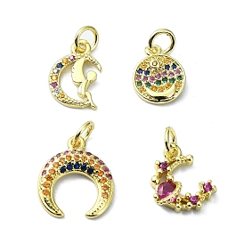Brass Micro Pave Cubic Zirconia Pendants, with Jump Ring, Moon Charm