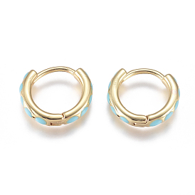 Golden Plated Brass Huggie Hoop Earrings, with Enamel and Clear Cubic Zirconia, Ring