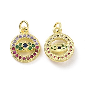 Brass Micro Pave Colorful Cubic Zirconia Pendants, with Jump Ring, Flat Round with Eye Charms