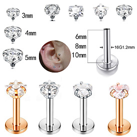 Лабретт-гвоздик из нержавеющей стали с прозрачным кубическим цирконием без резьбы, козелок шпилька, плоская серьга сзади