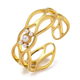 304 Stainless Steel Hollow Open Cuff Ring for Women, ABS Plastic Imitation Pearl Finger Rings