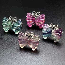 Butterfly Natural Fluorite Adjustable Rings, Metal Jewely for Women