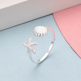 925 открытые кольца-манжеты из стерлингового серебра для женщин, морская звезда и форма раковины, с печатью s925