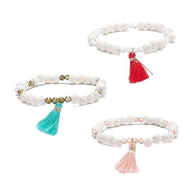 3Pcs 3 Color Natural Lava Rock & Cubic Zirconia Beaded Stretch Bracelets Set with and Tassel Charm, Oil Diffuser Power Stone Jewelry for Women