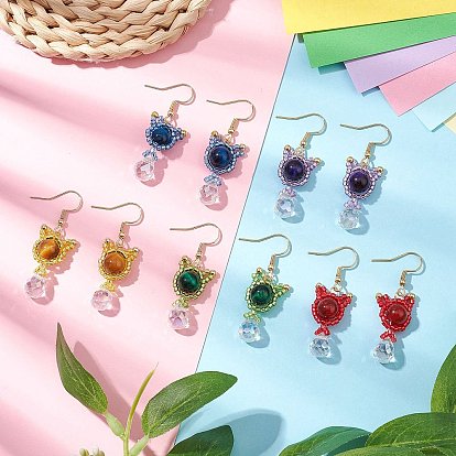 Серьги-подвески в форме кошки из натурального тигрового глаза и сердолика, с 304 крючками для сережек из нержавеющей стали и стеклянной бусиной, золотые