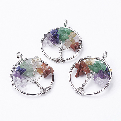 Gemstone Pendants, with Brass Findings, Flat Round with Tree of Life, Platinum
