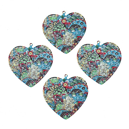 430 Stainless Steel Pendants, Spray Painted, Etched Metal Embellishments, Heart with Plant Pattern