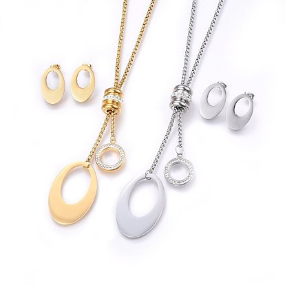 304 Stainless Steel Jewelry Sets, Necklaces and Stud Earrings, with Polymer Clay Rhinestone, Oval