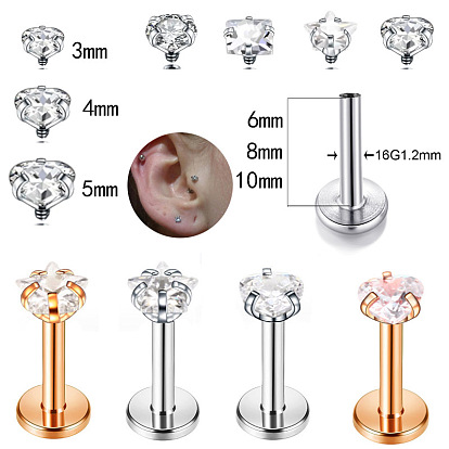 Лабретт-гвоздик из нержавеющей стали с прозрачным кубическим цирконием без резьбы, козелок шпилька, плоская серьга сзади