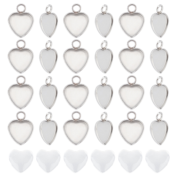 50шт 304 подвеска из нержавеющей стали с кабошоном, чашки безель с краями, сердце, с кабошонами сердца из прозрачного стекла 50шт.
