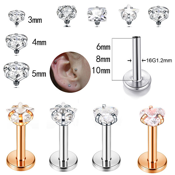 Лабретт-гвоздик из нержавеющей стали с прозрачным кубическим цирконием без резьбы, козелок шпилька, плоская серьга сзади