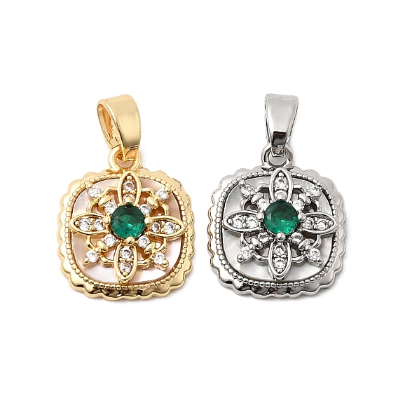 Подвески из натуральной ракушки и зеленого кубического циркония, Латунный квадрат с узором в виде снежинок