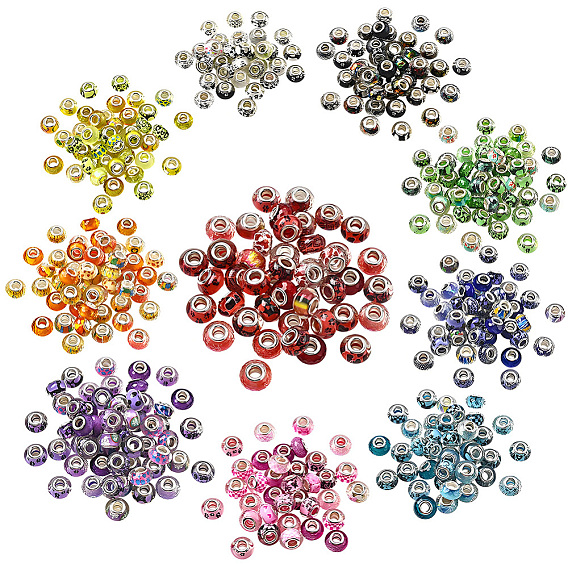 250шт. 10цвета, напечатанные на прозрачной смоле, европейские бусины, бусины с большим отверстием, рондель с латунными сердечниками, покрытыми серебром, и блестящей пудрой