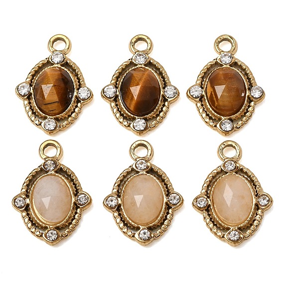 Colgantes facetados de piedras preciosas naturales, 304 Dijes ovalados con bisel de cristal y diamantes de imitación de acero inoxidable, revestimiento de iones (ip), real 14 k chapado en oro
