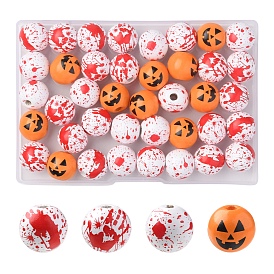 40Pcs 4 Colors Halloween Theme Printed Natural Wooden Beads, Round with Bloody Hand & Blood & Pumpkin Pattern