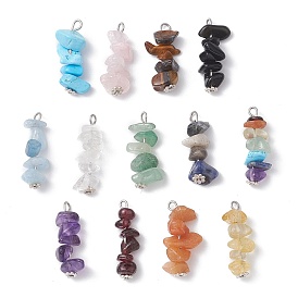 13Pcs Natural Mixed Gemstone Pendants, Chip Charms with 304 Stainless Steel Loops and Alloy Flower