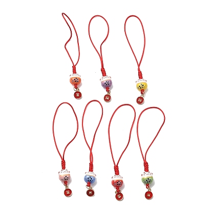 Sangles mobiles de chaton en porcelaine faites à la main, avec pendentifs en alliage de pièces et cordon en polyester, Maneki neko / chat faisant signe