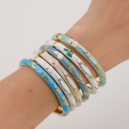 Винтажные браслеты из цинкового сплава на петлях для женщин, цветочный узор, с эмалью и горный хрусталь