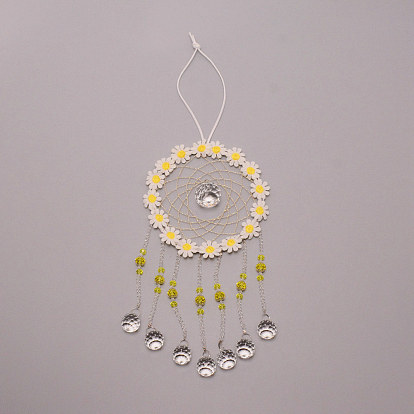 Brass Woven Net/Web Decor Hanging Prism Ornaments, with Faceted Glass, Nylon String, for Home Window Lighting Decoration, Flower