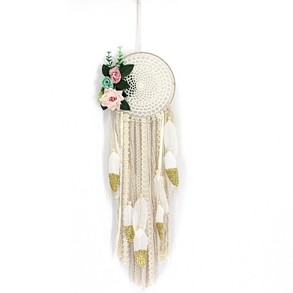 Iron Bohemian Woven Web/Net with Feather Macrame Wall Hanging Decorations, with Flower for Home Bedroom Decorations
