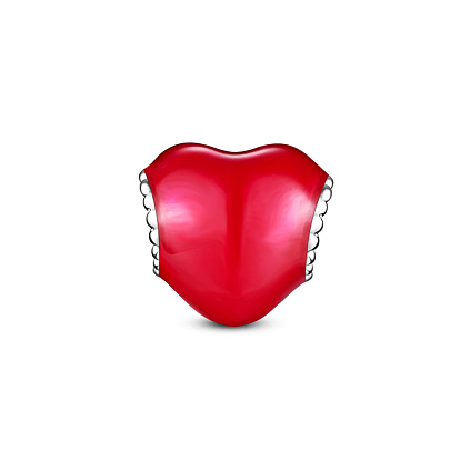 TINYSAND 925 Sterling Silver European Bead, with Enamel, Heart with Word Love, For Valentine's Day, Platinum
