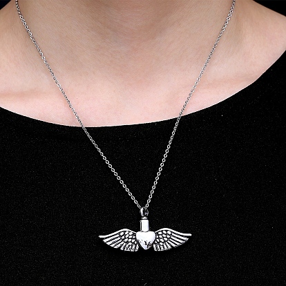 Titanium Steel Urn Ashes Pendants, Wing with Heart