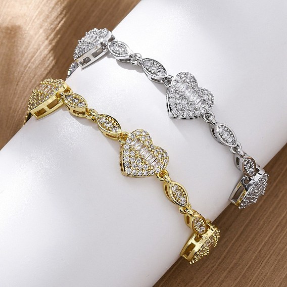 Браслеты-цепочки из латуни с микропаве из прозрачных кубических цирконий в форме сердца и конского глаза для женщин, без кадмия и без свинца, долговечный, стойки покрытие