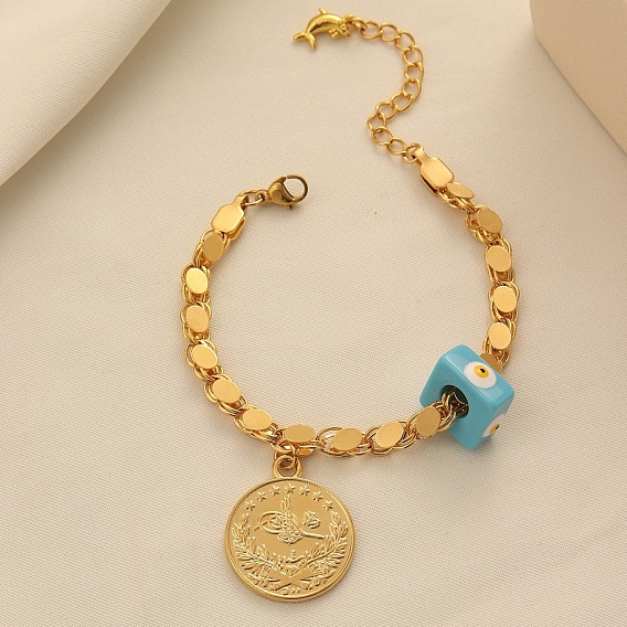 Браслеты с подвесками из сплава синтетической бирюзы и смолы, браслеты из овальных звеньев, монета