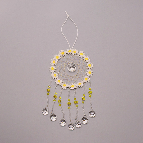Brass Woven Net/Web Decor Hanging Prism Ornaments, with Faceted Glass, Nylon String, for Home Window Lighting Decoration, Flower