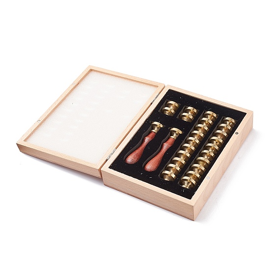 (Defective Closeout Sale: Oxidation) Wax Seal Stamp Set, Including 26Pcs 26 Styles Brass Wax Seal Stamp Heads and 2Pcs Wood Handles, with Wooden Magnetic Box, Letter A~Z