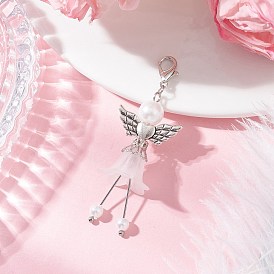 Подвеска в виде ангела из матового акрила и стеклянного жемчуга, с крыльями из сплава и застежками-клешнями, старинное серебро и платина