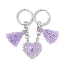 2шт. брелки с подвеской из сплава, сердце с слово лучших друзей, с подвесками из эмали, стразов и полиэстера с кисточками и 304 фурнитурой из нержавеющей стали, платина