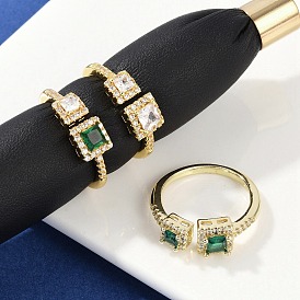 Латунные микро проложить манжеты кольца кубического циркония, без кадмия, без никеля и без свинца, прямоугольные стеклянные открытые кольца, реальный 18 k позолоченный