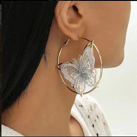 Серьги-кольца из сплава и вышитой ткани, кольцо с бабочкой, золотые