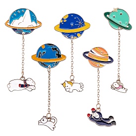 5Pcs 5 Style Planet with Animal Alloy Enamel Brooches, Enamel Pin for Backpack Clothing, Golden