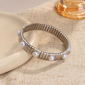304 Эластичные браслеты из нержавеющей стали и пластиковых бусин с жемчугом для женщин, круглые