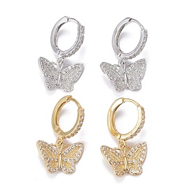 Brass Micro Pave Clear Cubic Zirconia Huggie Hoop Earrings, Long-Lasting Plated, Butterfly