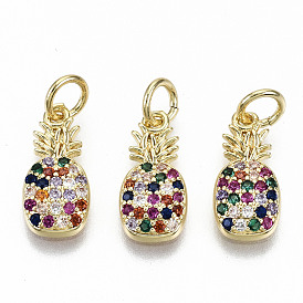 Brass Micro Pave Colorful Cubic Zirconia Charms, with Jump Rings, Nickel Free, Pineapple