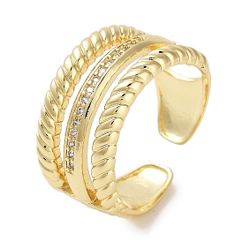 Rack Plating Brass Pave Clear Cubic Zirconia Open Cuff Rings, Cadmium Free & Lead Free, Long-Lasting Plated