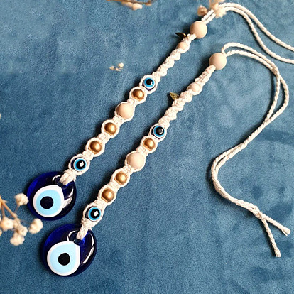 Teardrop with Evil Eye Glass Pendant Decorations, Cotton Cord Braided Hanging Ornament
