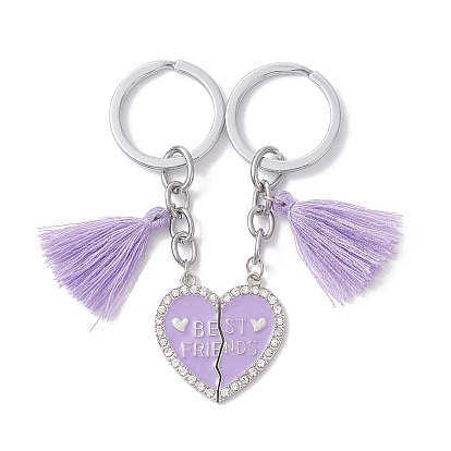2шт. брелки с подвеской из сплава, сердце с слово лучших друзей, с подвесками из эмали, стразов и полиэстера с кисточками и 304 фурнитурой из нержавеющей стали, платина