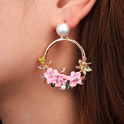 Sparkling Floral Clay Earrings with Rhinestones and Pearl Studs for Women