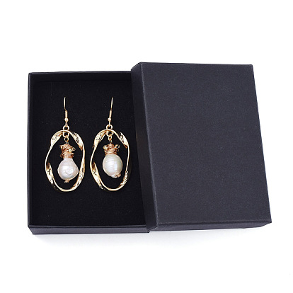 Oval Dangle Earrings, with Natural Pearl, Alloy Twist Links, Brass Earring Hooks and Round Beads, with Cardboard Boxes